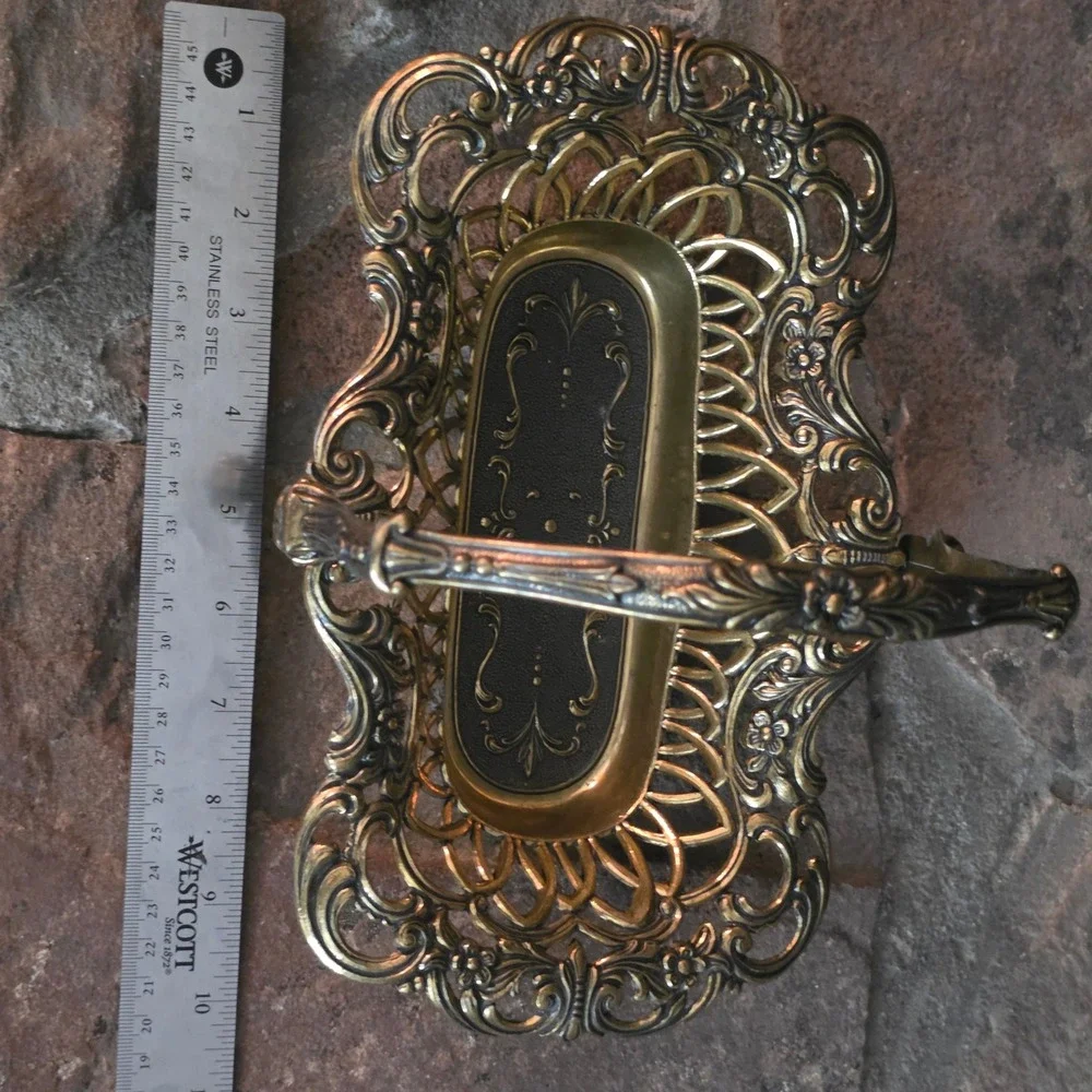 Vintage Italian Brass Bridal Bread Basket Vanity Tray 1950s Pierced Gold tone